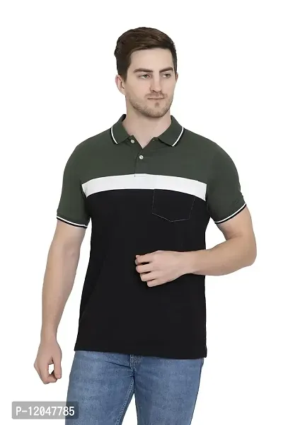 QUEMICTION Polycotton Stripes Polo Neck Regular Fit Half Sleeve Sportswear T-Shirt for Men-J.Green/Black-(Size XL)