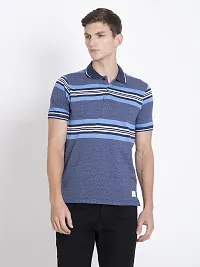 QUEMICTION Striped Half Sleeve Polo Neck Regular Fit T-Shirt for Men Sky Blue (Size-XXL)-thumb3