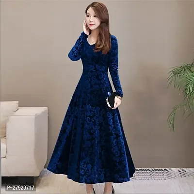 NAVY BLUE VELVET EMBELLISHED DRESS FOR WOMEN-thumb0