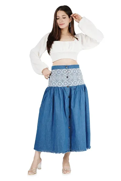 Premium Classic Blue Denim Midi Length Skirts For Women