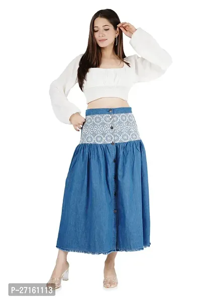 Classic Blue Denim Midi Length Skirt For Women-thumb0