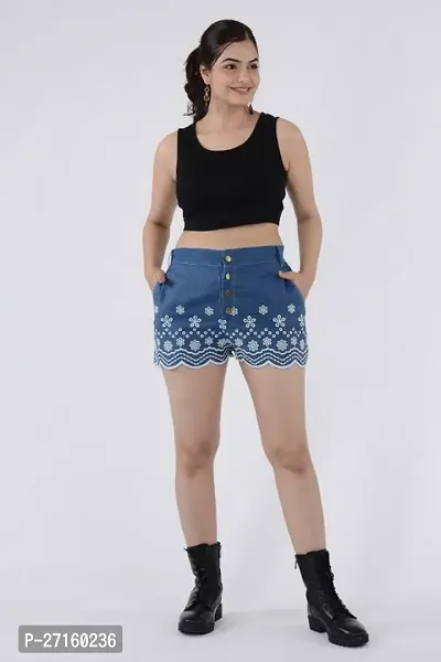 Elegant Blue Printed Denim Shorts For Women