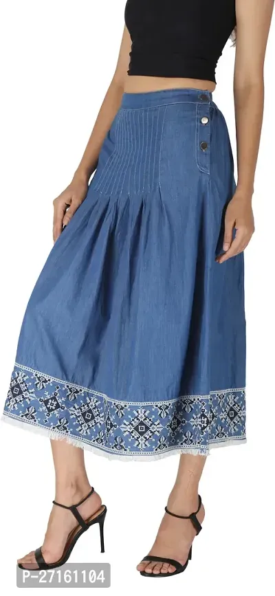 Classic Blue Denim Midi Length Skirt For Women-thumb0