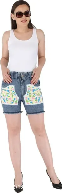 Elegant Blue Printed Denim Shorts For Women