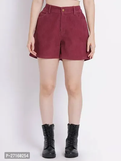 Elegant Maroon Solid Denim Shorts For Women