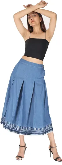 Classic Blue Denim Midi Length Skirt For Women-thumb0