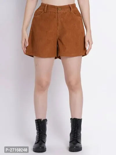 Elegant Brown Solid Denim Shorts For Women-thumb0