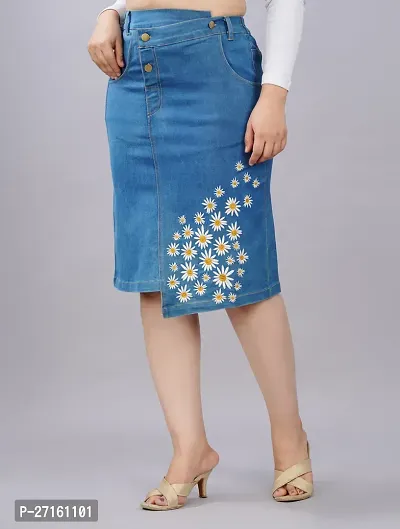 Classic Blue Denim Knee Length Skirt For Women-thumb0