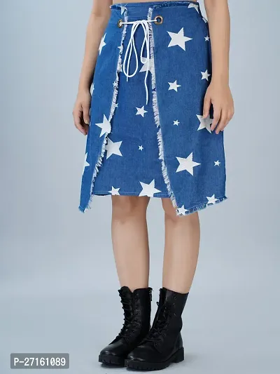 Classic Blue Denim Knee Length Skirt For Women