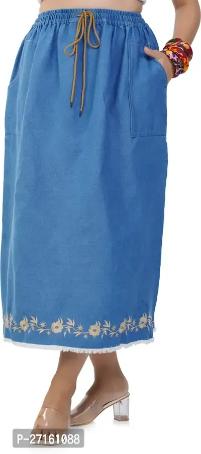 Classic Blue Denim Midi Length Skirt For Women
