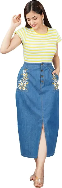 Classic Blue Denim Midi Length Skirt For Women