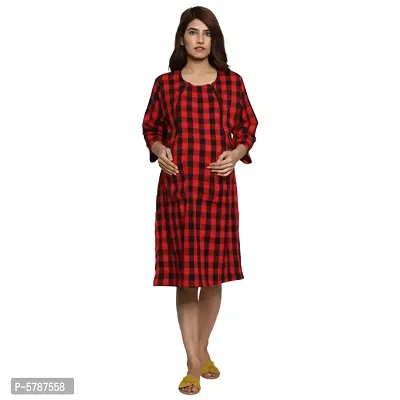 Woolen Red Checked Round Neck 3/4 Sleeves Maternity Dress For Women-thumb0