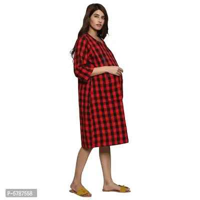 Woolen Red Checked Round Neck 3/4 Sleeves Maternity Dress For Women-thumb2