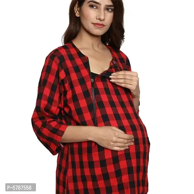 Woolen Red Checked Round Neck 3/4 Sleeves Maternity Dress For Women-thumb5