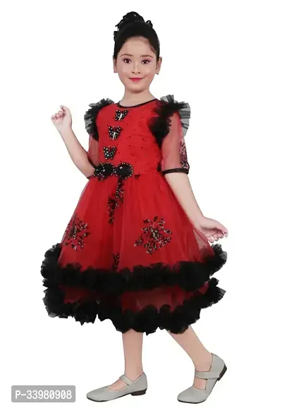 Fabulous Red Net Printed A-Line Dress For Girls-thumb3