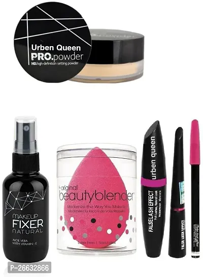 Stylish Blendar Puuff And Fixer And Loose Powder And Eyeliner And Mascara And Eyebrow Pencil 6 Items