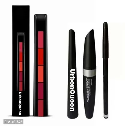 Fab 5 ( five in one lipstick ) plus EYEBROW PENCIL BLACK, EYELINER, MASCARA ( 3 in 1 ) ( set of 4 )