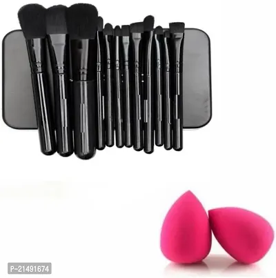 SET OF 12 MAKEUP BRUSHES + 2 PIECE BLENDAR PUFF ( SET OF 3 )