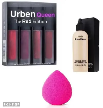 Set Of 4 Red Edition Liquid Lipsticks and A Studio Water Weight Liquid Foundation and a blendar puff ( pack of 3 )-thumb0