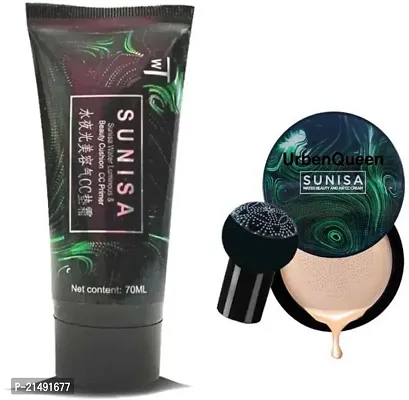 Sunisa Beauty CC Primer PLUS sunisa Foundation Mushroom Head Air Cushion Waterproof BB Cream Frost Concealer Oil Control Face Make up Foundation  ( SET OF 2 )