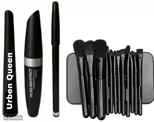 Eyebrow Pencil Black  Liquid EyeLiner  Mascara  Set Of 12 Makeup Brushes ( Set of 2 )
