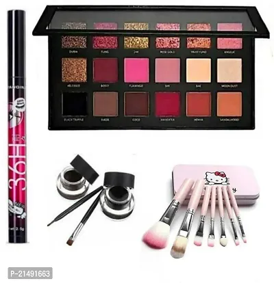 Rose Gold Edition Eyeshadow Palette - 18 Shades 22g  36 Hours Eyeliner  Makeup Brushes Set of 7  Long Wear 24h Gel Eyeliner 6g + Set of 7 brushes tin box  (4 Items in the set)