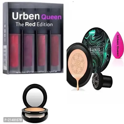 Set Of 4 Red Edition Liquid Lipsticks and Sunis BB Cream Air Cushion Foundation And a face compact And a Blendar Puff ( Set Of 4 )-thumb0