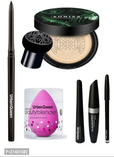 Kajal  Face Blendar puff   Eyebrow Pencil Black  Liquid EyeLiner  Mascara ( 3 in 1 )  water beauty and air cc cream Foundation( 6 items )