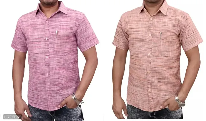 Reliable Multicoloured Khadi Cotton Solid Short Sleeves Casual Shirt For Men Pack Of 2-thumb0