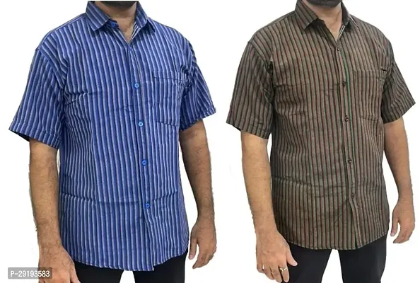 Reliable Multicoloured Khadi Cotton Striped Short Sleeves Casual Shirt For Men Pack Of 2-thumb0