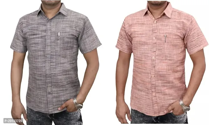 Reliable Multicoloured Khadi Cotton Solid Short Sleeves Casual Shirt For Men Pack Of 2-thumb0