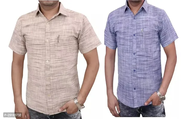 Reliable Multicoloured Khadi Cotton Solid Short Sleeves Casual Shirt For Men Pack Of 2