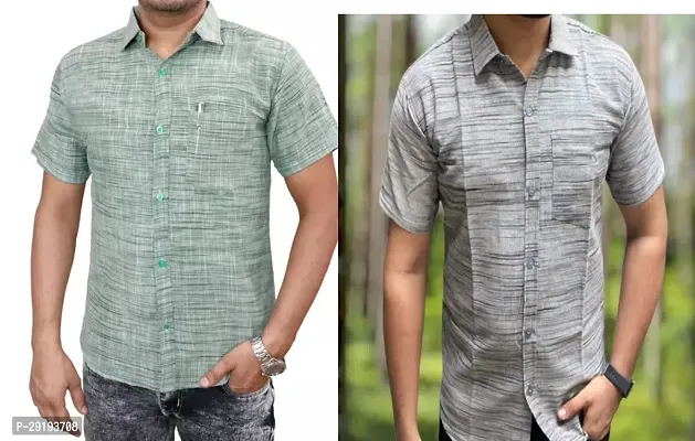 Reliable Multicoloured Khadi Cotton Solid Short Sleeves Casual Shirt For Men Pack Of 2-thumb0