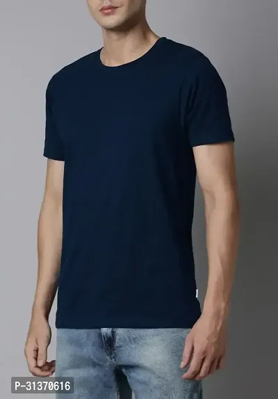 Mens Round Neck Navy Blue Cotton T-Shirt regular-thumb0