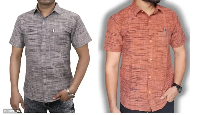 Reliable Multicoloured Khadi Cotton Solid Short Sleeves Casual Shirt For Men Pack Of 2