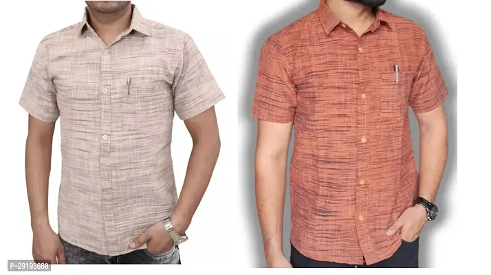 Reliable Multicoloured Khadi Cotton Solid Short Sleeves Casual Shirt For Men Pack Of 2-thumb0