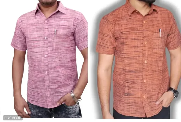 Reliable Multicoloured Khadi Cotton Solid Short Sleeves Casual Shirt For Men Pack Of 2