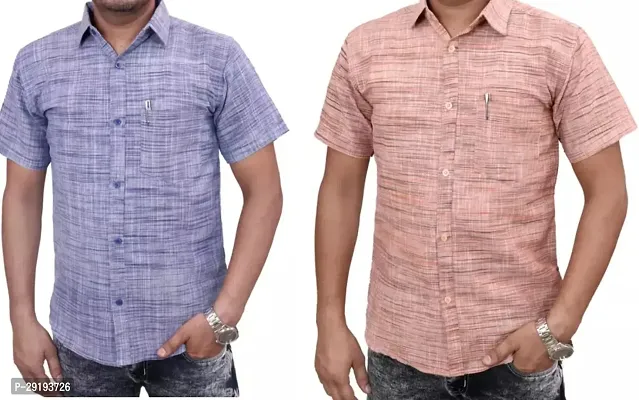 Reliable Multicoloured Khadi Cotton Solid Short Sleeves Casual Shirt For Men Pack Of 2-thumb0