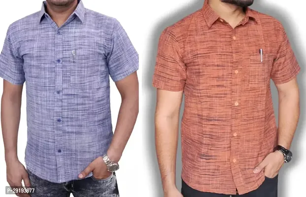 Reliable Multicoloured Khadi Cotton Solid Short Sleeves Casual Shirt For Men Pack Of 2