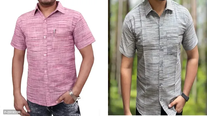 Reliable Multicoloured Khadi Cotton Solid Short Sleeves Casual Shirt For Men Pack Of 2