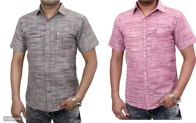 Reliable Multicoloured Khadi Cotton Solid Short Sleeves Casual Shirt For Men Pack Of 2