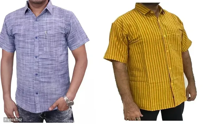 Reliable Multicoloured Khadi Cotton Striped Short Sleeves Casual Shirt For Men Pack Of 2-thumb0