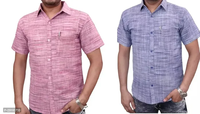 Reliable Multicoloured Khadi Cotton Solid Short Sleeves Casual Shirt For Men Pack Of 2