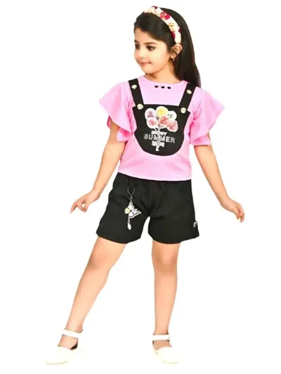 Modina Enterprises Girls Kids Crepe Regular Fit Solid Short Sleeves Printed Casual Top & Pant Set with Attractive Design