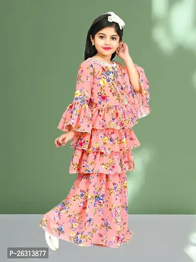 Modina Enterprises Girls Kids Chiffon Regular Fit Solid 3/4 SleeveFloral Print Top  Pant Set with Elegant Design-thumb4