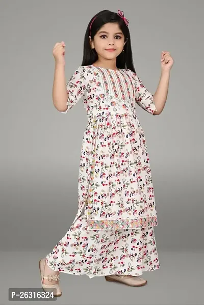 Modina Enterprises Girls Kids Cotton Blend Regular Fit Solid 3/4 Sleeve Printed Casual Kurta  Plazzo Set with Elegant Design (MERRY_SHARARA_WHITE_9-10YEAR)-thumb3