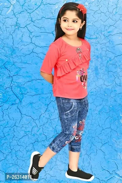 Modina Enterprises Girls Kids Crepe Regular Fit Solid 3/4 Sleeve Printed Casual Top Jeans Set with Elegant Design-thumb3