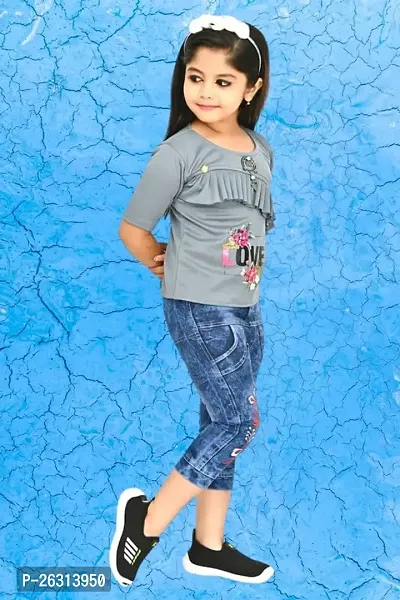 Modina Enterprises Girls Kids Crepe Regular Fit Solid 3/4 Sleeve Printed Casual Top Jeans Set with Elegant Design-thumb4