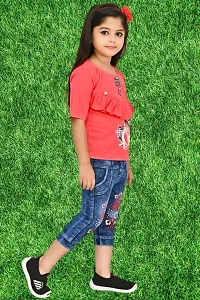 Modina Enterprises Girls Kids Crepe Regular Fit Solid 3/4 Sleeve Printed Casual Top  Jeans Set with Elegant Design-thumb2