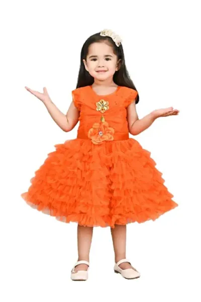Modina Enterprises Girls Kids Net Round Neck Sleeveless Midi/Knee Length Frock Dress with Elegant Design